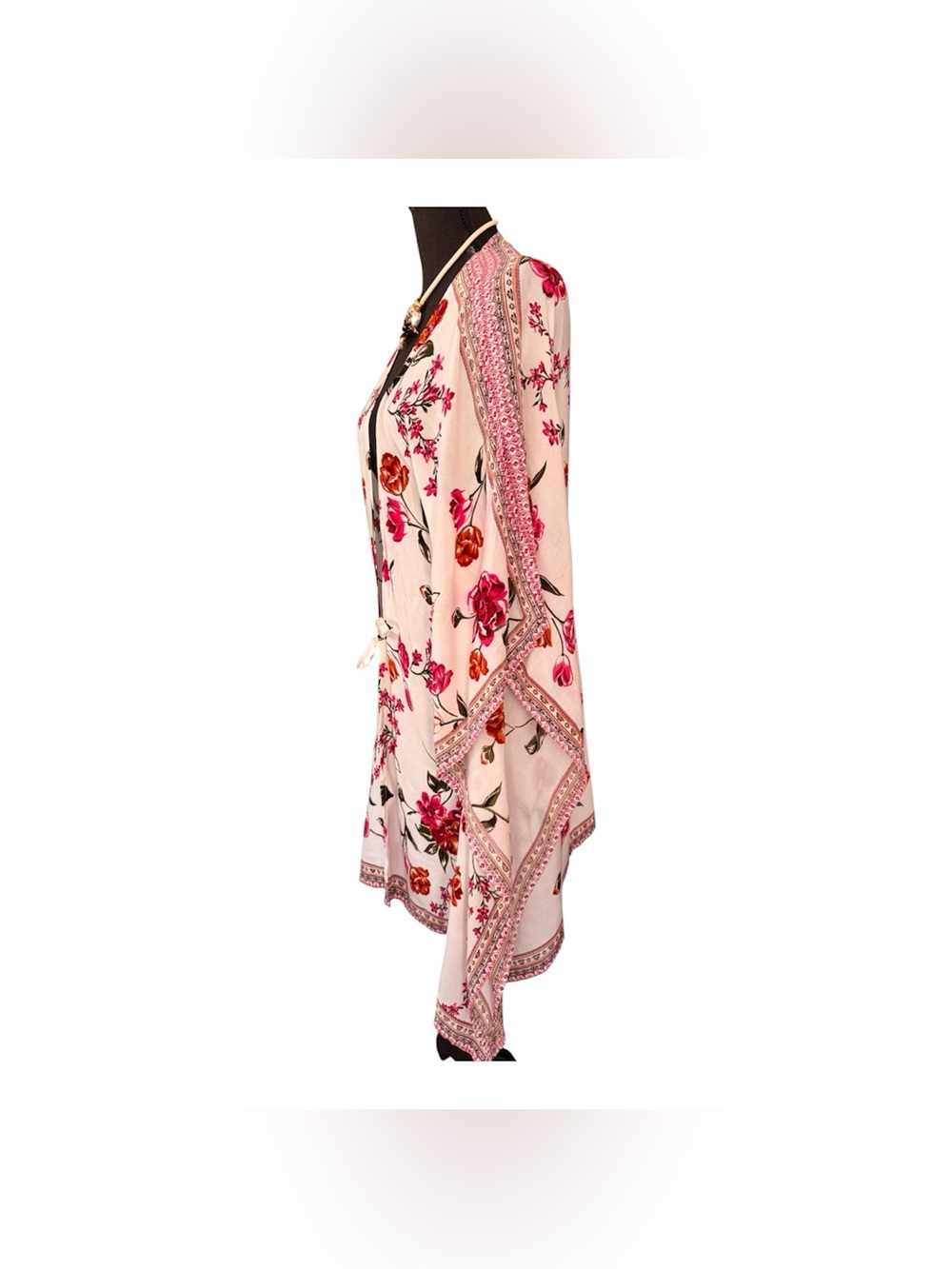 Japna Floral Boho Kimono Cardigan in White with Red & Orange Flowers - Picture 3 of 6